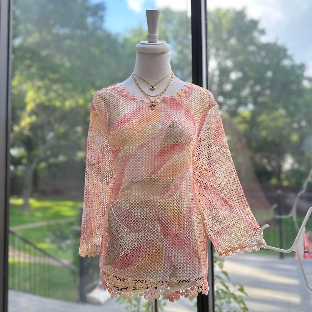 Alfred Dunner Pink Yellow Lace Bell Sleeve Top PXL